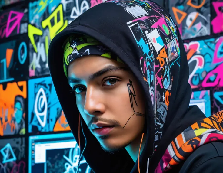 A futuristic rebel hacker, face half-lit by a screen's glow, surrounded by digital chaos, in the style of multi-layered collages, colorful graffiti-style, fragmented icons, photorealistic details, multilayered dimensions, highly detailed figures