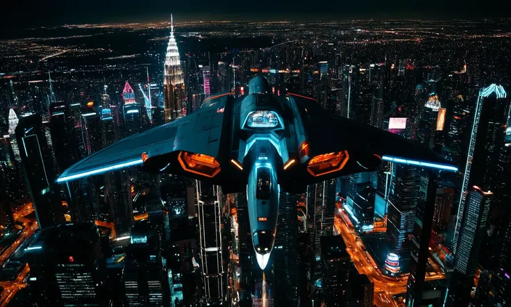 Cinematic, sci-fi photography, establishing shot of a colossal spaceship descending over a futuristic city, neon-lit skyscrapers and flying vehicles filling the skyline, night, shot by Blackmagic Pocket Cinema 6K Pro using Cinestill 800T, by Denis Villeneuve, epic, neon lighting, vibrant neon against dark shadows 