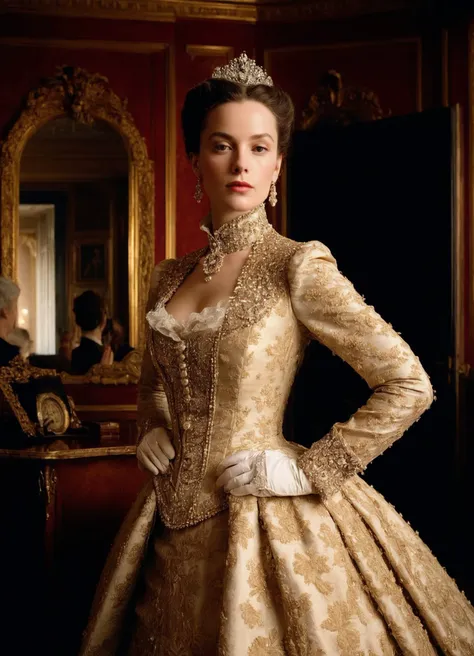 Cinematic, portrait photography, close-up shot of an elegant woman wearing haute couture attire, posing with confidence, set in an opulent Victorian-era room, circa 1880, shot by Hasselblad X1D using Kodak Portra 400, by Tim Walker, strong, chiaroscuro lighting, rich, warm color palette
