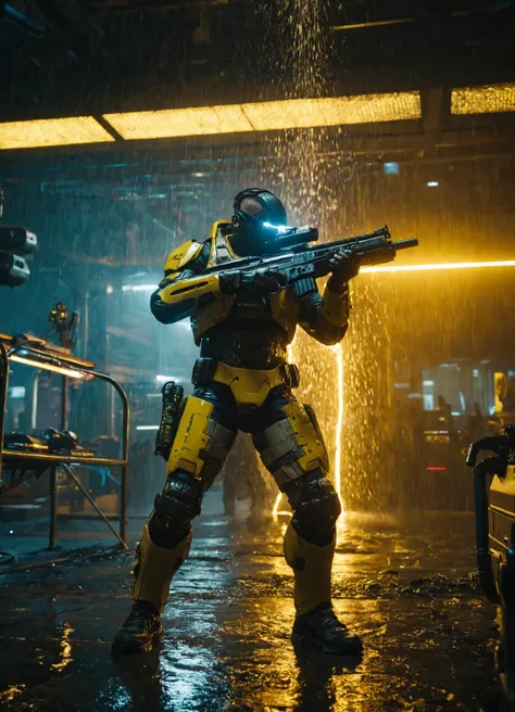 rainy futuristic scene, a soldier wearing armor suit, firing a rifle, industrial setting, high detailed, sharp focus, cinematic, ultra realistic, foggy background.