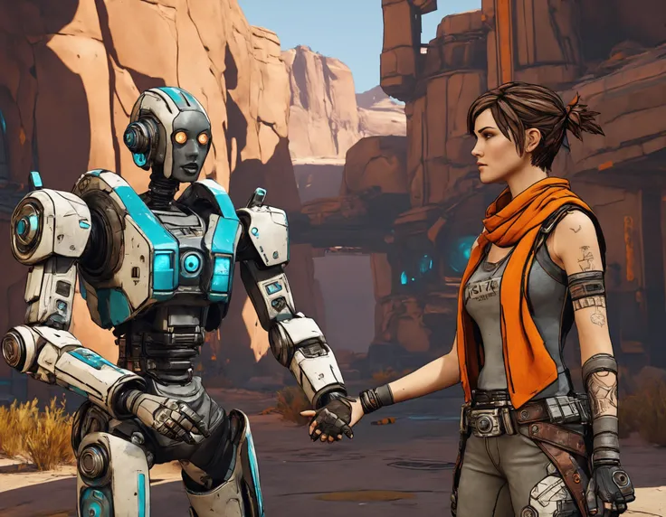 screenshot from video game, a young woman with short hair wearing a grey vest and orange scarf talking to a robot holding its hands up as if trying to stop something or point at the camera, sci-fi style , blue and green colors, video game screenshot, in the style of Borderlands art