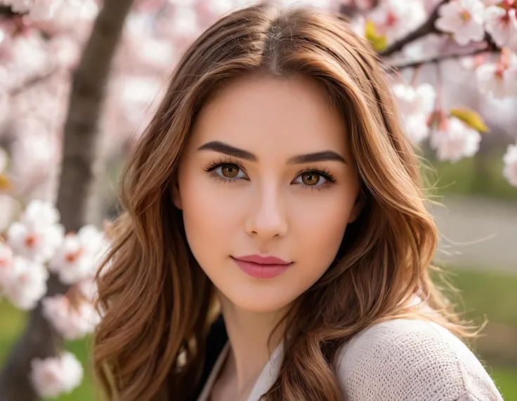 A beautiful Woman with light brown hair hazel eyes, framed by soft cherry blossoms, artistic bokeh, captured with a Canon EOS R5, 85mm prime lens at f/1.2, morning light caressing the scene