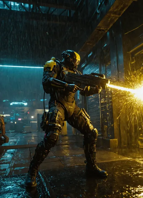 rainy futuristic scene, a soldier wearing armor suit, firing a rifle, industrial setting, high detailed, sharp focus, cinematic, ultra realistic, foggy background.