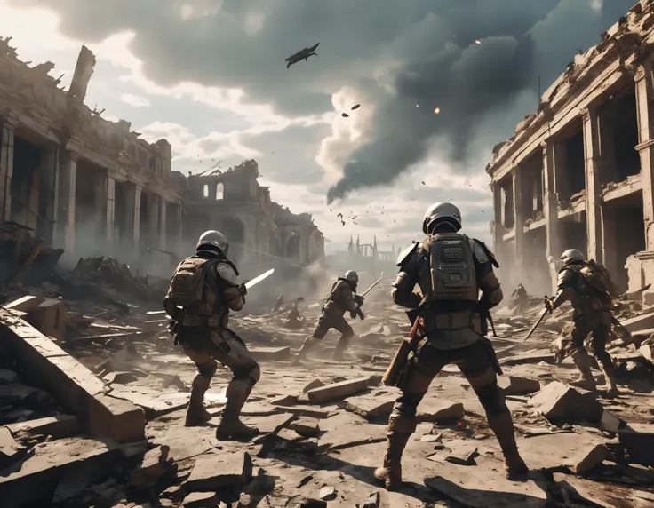 Cinematic, wide shot of futuristic soldiers fighting each other with swords in an epic battle scene on the ruins of buildings destroyed by explosions. The atmosphere is full of chaos and destruction. The sky has white clouds, and the ground reflects all that explorers of videogames have created over time in a hyper realistic style