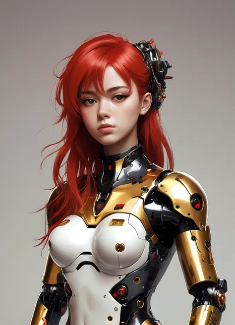 80s anime style, robot girl, artificial breasts made with metal, breasts, red hair, gold and black skin, diagonal composition, sad expression, whole upper body, simple composition, simple background description, simple white color background, (best quality, masterpiece, high resolution:1.4), high_quality, 1girl