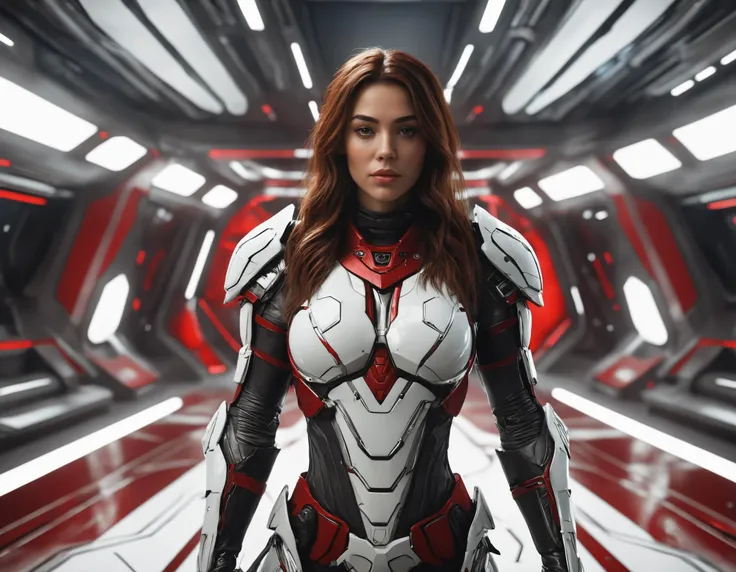 A female cyborg with long brown hair wearing white and red armor standing in the bridge of an alien spaceship, rendered in Unreal Engine 5 with epic cinematography in the style of concept art