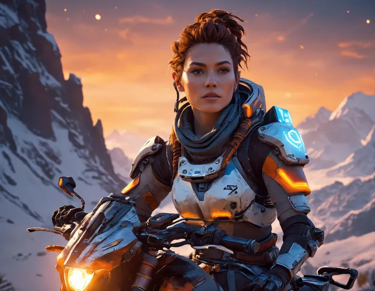 A female character from Horizon Zero Dawn, wearing an advanced spacesuit and riding on the back of a futuristic motorcycle through icy mountains at night with orange lights illuminating her face. She has short hair tied in a bun and is looking directly into the camera. The background shows distant galaxies and nebulae. Cinematic movie scene in the style of a futuristic sci-fi film