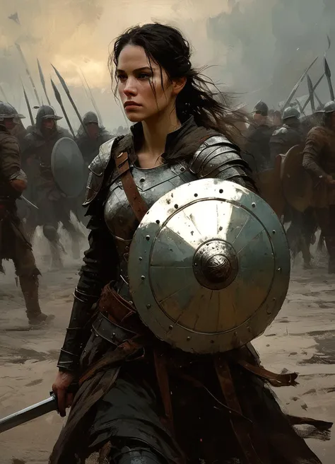 digital art painting by jeremy mann and peter linden, a female warrior, holding a croisé shield, on the battlefield epic medieval fighting scene inspired by velasquez style, dark and oppressive, 