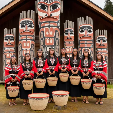 super realistic, photography of women in traditional Haida clothing with woven baskets, in front of a longhouse with the front painted in Tlingit style, with totem poles of thunderbird on each side
