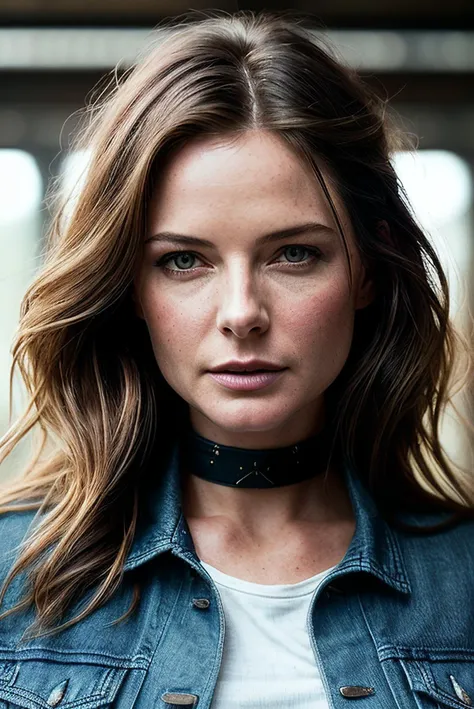 beautiful woman (Reb3cc4F3rgu50n:.99), beautiful hair, ((portrait)), (closeup:1.2), ((from the waist up)), ((( Krakow ))), natural skin texture, (( denim jacket,jeans,white t-shirt,choker :1.2)), 24mm, 4k textures, soft cinematic light, adobe lightroom, photolab, hdr, intricate, elegant, highly detailed, sharp focus, ((((cinematic look)))), soothing tones, insane details, intricate details, hyperdetailed, low contrast, soft cinematic light, exposure blend, hdr, faded, now, ("I've got a bad feeling about this.":1.1)