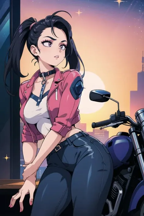 girl,grabbing wrist,(synthwave,sunset,shaded),(peaceful,chill,sparkles,indoors,outdoors,prettify),Futuristic City Background,Leaning back against a wall,Pigtail,cerulean Motorcycle Jacket,violet Jeans,LoL,Neck Leash ,(masterpiece,detailed,highres,vibrant:1.4) <lora:3shot:0.6>