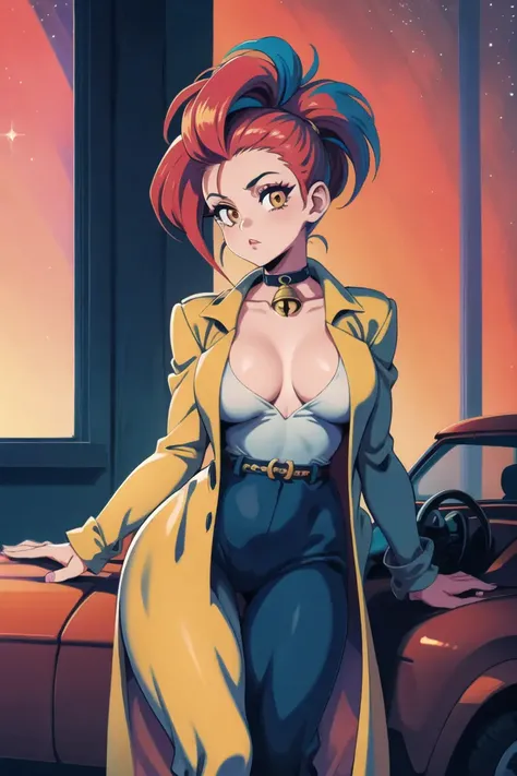 girl,(peaceful,chill,sparkles,indoors,outdoors,prettify),Car Background,Leaning Back,Bouffant,gold Trench Coat,tan Joggers,Yu-Gi-Oh,Bell Choker ,(masterpiece,detailed,highres,vibrant:1.4) <lora:3shot:1>