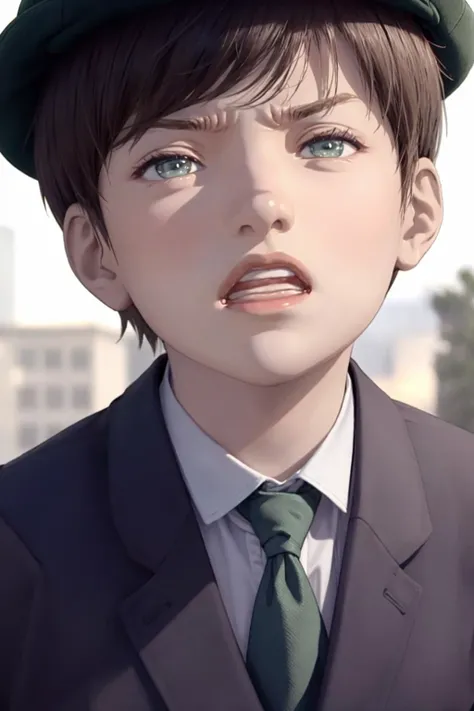 masterpiece, best quality, highly detailed, (perfect lighting, photorealistic:1.5), 1boy, mannequin, <lora:Mikey_Fuccon_v1-000185:0.7>, (upper body, closeup:1.5), (residential street:1.2), (blue jacket:1.3), suit jacket, necktie, blue shorts, green striped socks, black shoes, green hat, multicolored clothes, multicolored legwear, blue eyes, forehead, short hair, (angry:1.5)