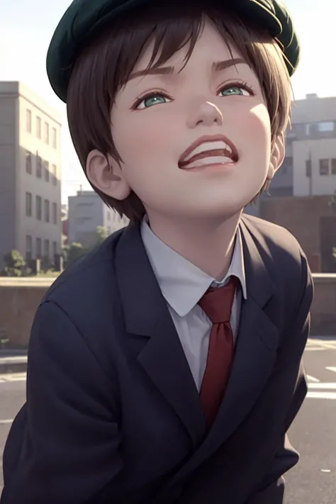 masterpiece, best quality, highly detailed, (perfect lighting, photorealistic:1.5), 1boy, mannequin, <lora:Mikey_Fuccon_v1-000185:0.7>, (upper body, closeup:1.5), (residential street:1.2), (blue jacket:1.3), suit jacket, necktie, blue shorts, green striped socks, black shoes, green hat, multicolored clothes, multicolored legwear, blue eyes, forehead, short hair, (angry:1.5), (clenched teeth:1.5)