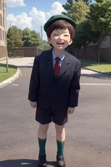 masterpiece, best quality, highly detailed, (photorealistic:1.5), 1boy, mannequin, <lora:Mikey_Fuccon_v1-000185:0.8>, (from below, full body:1.3), standing, residential street, blue suit jacket, necktie, blue shorts, green striped socks, black shoes, multicolored clothes, multicolored legwear, big smile, teeth, blue eyes, green hat, forehead, short hair, (looking up:0.3), (open mouth:0.3),