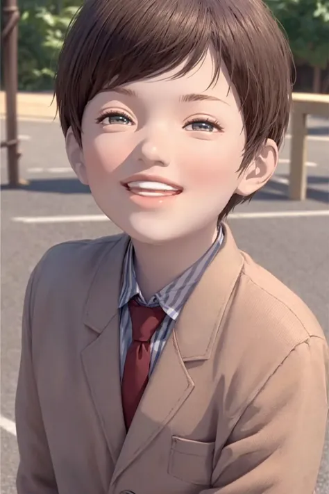 masterpiece, best quality, highly detailed, (perfect lighting, photorealistic:1.5), 1boy, mannequin, <lora:Mikey_Fuccon_v1-000185:0.8>, (upper body, closeup:1.5), standing, residential street, brown suit jacket, necktie, blue shorts, green striped socks, black shoes, multicolored clothes, multicolored legwear, big smile, teeth, blue eyes, forehead, short hair, (open mouth:0.3),