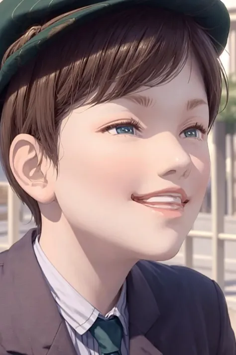 masterpiece, best quality, highly detailed, (perfect lighting, photorealistic:1.5), 1boy, mannequin, <lora:Mikey_Fuccon_v1-000185:0.8>, (upper body, closeup:1.5), standing, residential street, blue suit jacket, necktie, blue shorts, green striped socks, black shoes, multicolored clothes, multicolored legwear, big smile, teeth, blue eyes, green hat, forehead, short hair, (looking up:0.3), (open mouth:0.3),