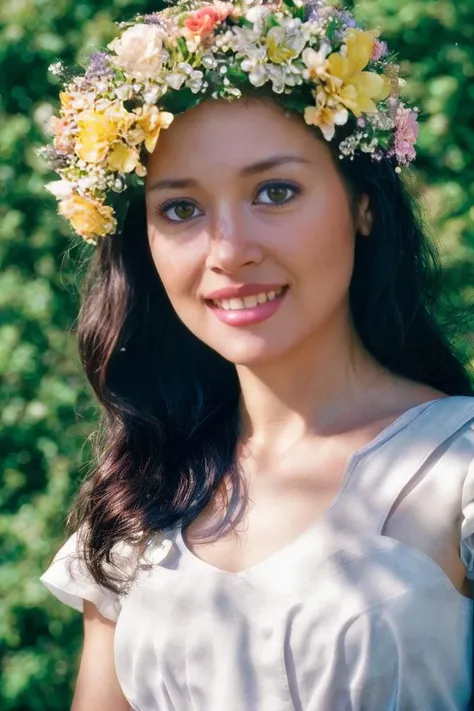 35 years old woman smiling, bokeh, (photorealistic:1.4, realistic), highly detailed CG unified 8K wallpapers, 1girl, ((slender body:1)), looking at viewer, (HQ skin:1.4), 8k uhd, dslr, soft lighting, high quality, film grain, Fujifilm XT3, (((upper body:1.4))), ((((white short sleeves dress)))), (((indoor room , morning))), <lora:gilda:0.85> (long hair, with flowers in the head), RAW candid cinema, 16mm, color graded portra 400 film, remarkable color, ultra realistic, textured skin, remarkable detailed pupils, realistic dull skin noise, visible skin detail, skin fuzz, dry skin, shot with cinematic camera