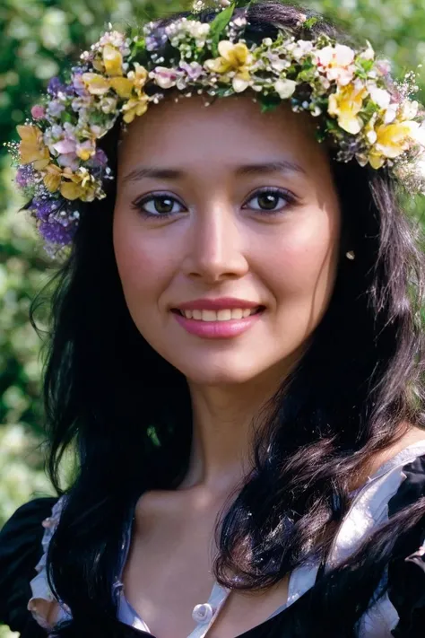35 years old woman smiling, bokeh, (photorealistic:1.4, realistic), highly detailed CG unified 8K wallpapers, 1girl, ((slender body:1)), looking at viewer, (HQ skin:1.4), 8k uhd, dslr, soft lighting, high quality, film grain, Fujifilm XT3, (((upper body:1.4))), ((((black short sleeves dress)))), (((indoor room , morning))), <lora:gilda:0.85> (long hair, with flowers in the head), RAW candid cinema, 16mm, color graded portra 400 film, remarkable color, ultra realistic, textured skin, remarkable detailed pupils, realistic dull skin noise, visible skin detail, skin fuzz, dry skin, shot with cinematic camera