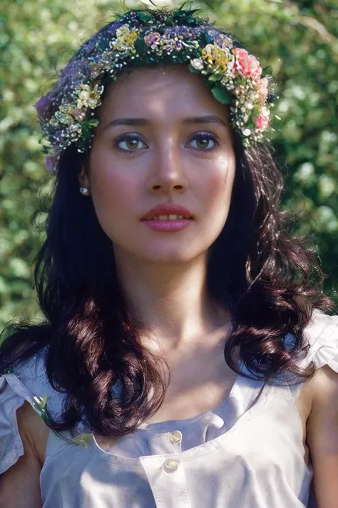 25 years old woman, bokeh, (photorealistic:1.4, realistic), highly detailed CG unified 8K wallpapers, 1girl, ((slender body:1)),  looking at viewer, (HQ skin:1.4), 8k uhd, dslr, soft lighting, high quality, film grain, Fujifilm XT3, (((upper body:1.4))), ((((white short sleeves dress)))), (((indoor room , morning))),  <lora:gilda:1> (long hair, with flowers in the head), RAW candid cinema, 16mm, color graded portra 400 film, remarkable color, ultra realistic, textured skin, remarkable detailed pupils, realistic dull skin noise, visible skin detail, skin fuzz, dry skin, shot with cinematic camera