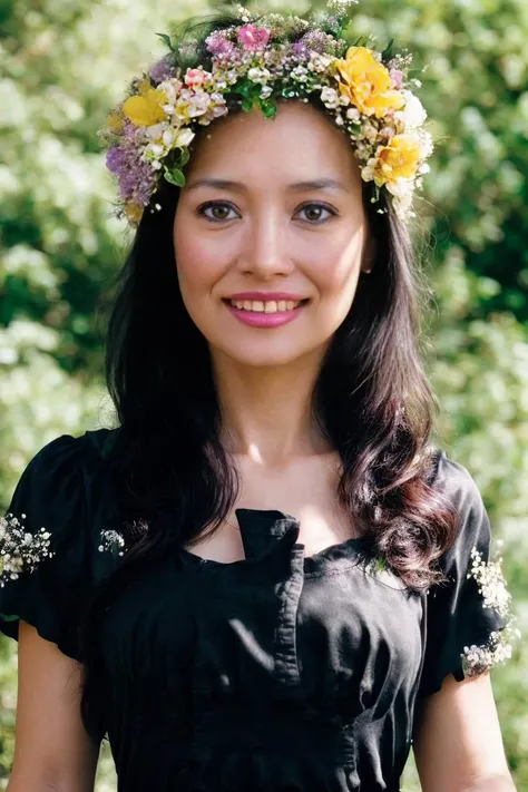 35 years old woman smiling, bokeh, (photorealistic:1.4, realistic), highly detailed CG unified 8K wallpapers, 1girl, ((slender body:1)), looking at viewer, (HQ skin:1.4), 8k uhd, dslr, soft lighting, high quality, film grain, Fujifilm XT3, (((upper body:1.4))), ((((black short sleeves dress)))), (((indoor room , morning))), <lora:gilda:0.85> (long hair, with flowers in the head), RAW candid cinema, 16mm, color graded portra 400 film, remarkable color, ultra realistic, textured skin, remarkable detailed pupils, realistic dull skin noise, visible skin detail, skin fuzz, dry skin, shot with cinematic camera