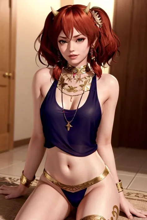 <lora:doa_kanna:0.7> kanna, tank top, 1girl, gold necklace, jewelry, panties, indoors