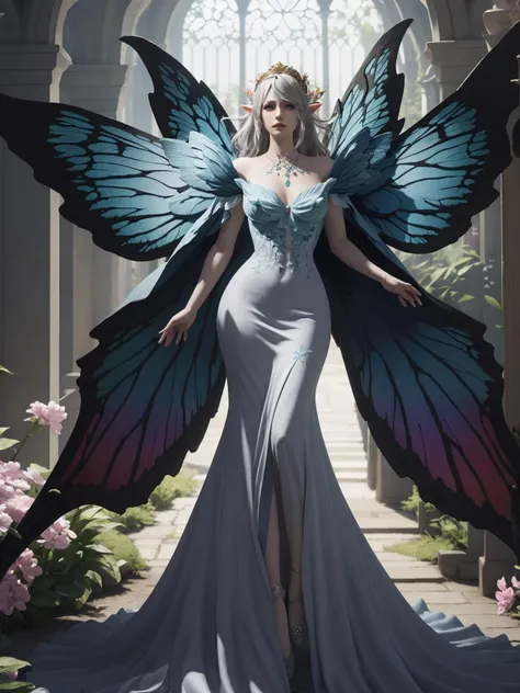 8k, masterpiece, highly detailed, breathtakingly beautiful mature woman, long hair, (titania_ffxiv), long dress, looking at viewer, fairy wings, vibrant, colorful, full body <lora:titania_ffxiv-1.0:0.6>