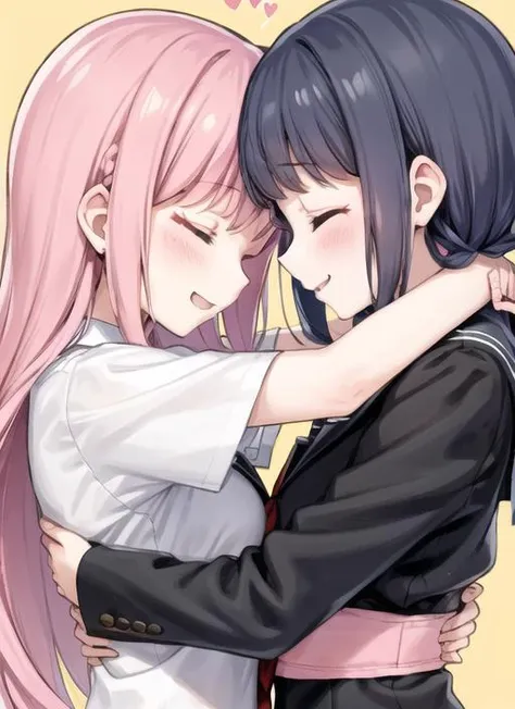 <lora:ForeheadtoForehead:0.7> ForeheadtoForehead, long hair, blush, smile, multiple girls, 2girls, jewelry, school uniform, blue hair, closed eyes, upper body, pink hair, braid, serafuku, artist name, yuri, hug