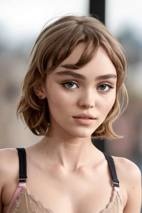 full body photo of ((Lily Rose Depp)), bra and panties, art studio, ((sharp focus, raw photo, best quality, ultra high definition, photorealistic, masterpiece, ultra-detailed, high contrast)), diffused soft lighting, analog, raw, depth of field, (((cowboy shot, lingerie photoshoot))), (((hyperdetailed skin, detailed facial features, realistic eyes)))