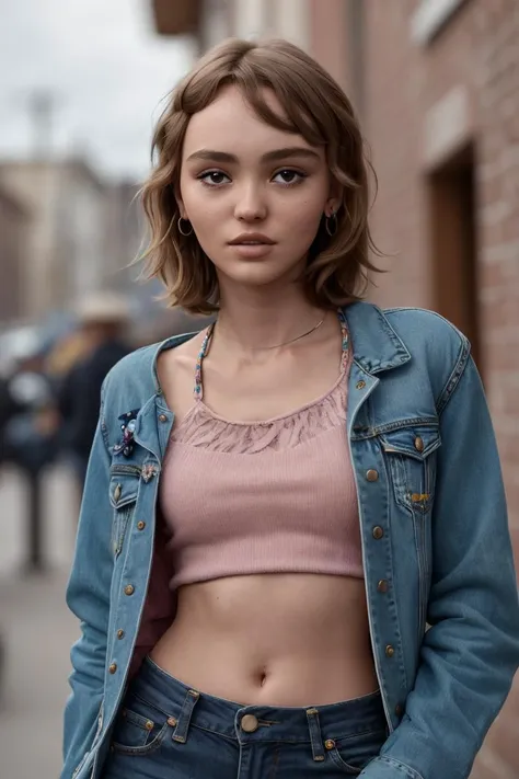 full body photo of ((Lily Rose Depp)), denim shorts and black crop top, art studio, ((sharp focus, raw photo, best quality, ultra high definition, photorealistic, masterpiece, ultra-detailed, high contrast)), diffused soft lighting, analog, raw, depth of field, (((cowboy shot, modeling photoshoot))), (((hyperdetailed skin, detailed facial features, realistic eyes)))