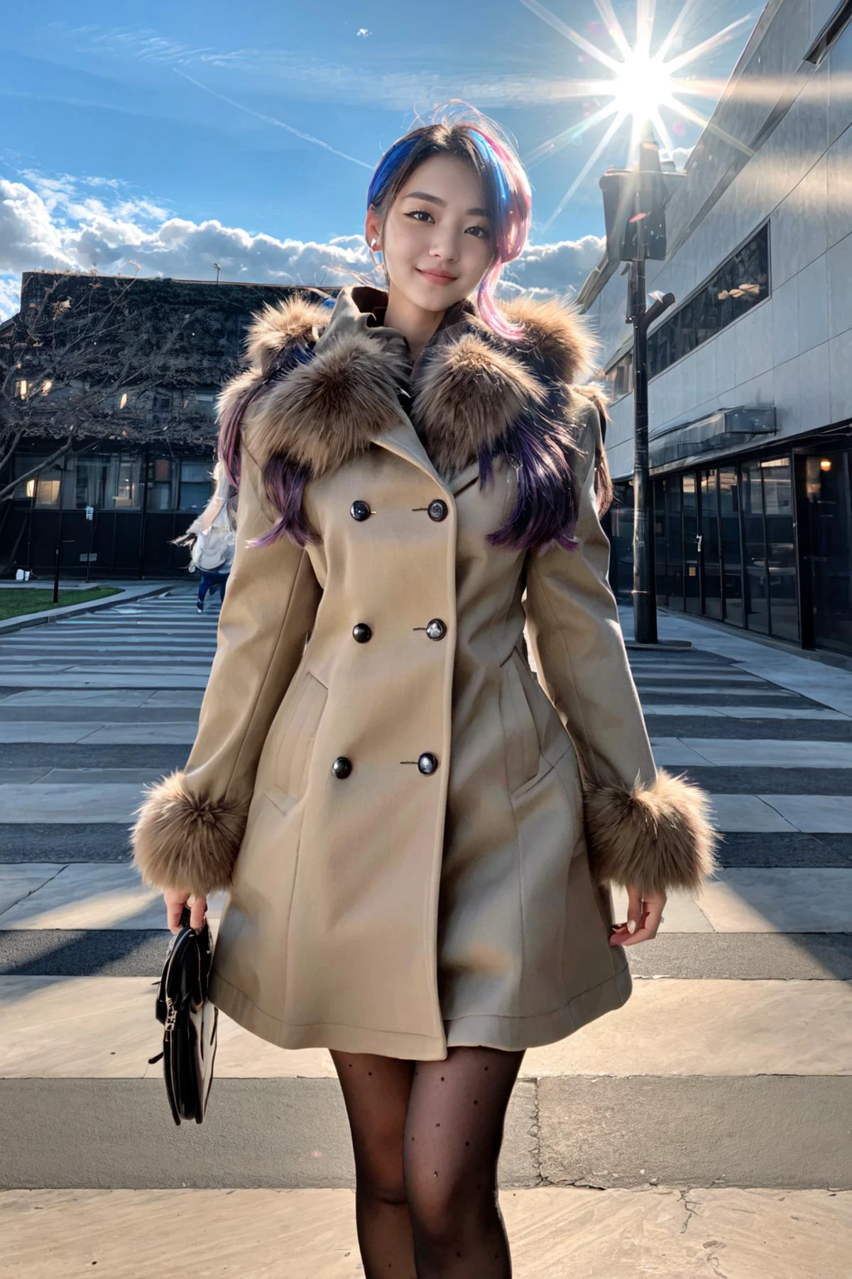 <lora:jack3tdr3ss2:0.75>, (jack3tdr3ss, long sleeves, pantyhose, coat, fur trim, jacket,):1.24, ((walking posture, sexy smile)),
BREAK 1woman, ((young woman)), adorable, clear face, solo, (((full body))):1.34, ((milky skin, curvy body, slender body, (long hairs, sky blue pink hairs))):1.2,
BREAK soft light, light on face, cinematic lighting, detailed(shadow),
BREAK <lora:add_detail:0.45>, extremely detailed, CG, finely detailed, (masterpiece, best quality):2.0, ((photorealistic:1.15)),
BREAK <lora:uber_saggy2:0.68>, saggy, sagging_breasts, ((huge breasts)), <lora:Front face lighting åé¢ã©ã¤ãã¢ãã v2:0.5>,
outdoors, clean town, ((night)), modern town, cold, 1moon, clear sky, starry star, snow, snow dust,