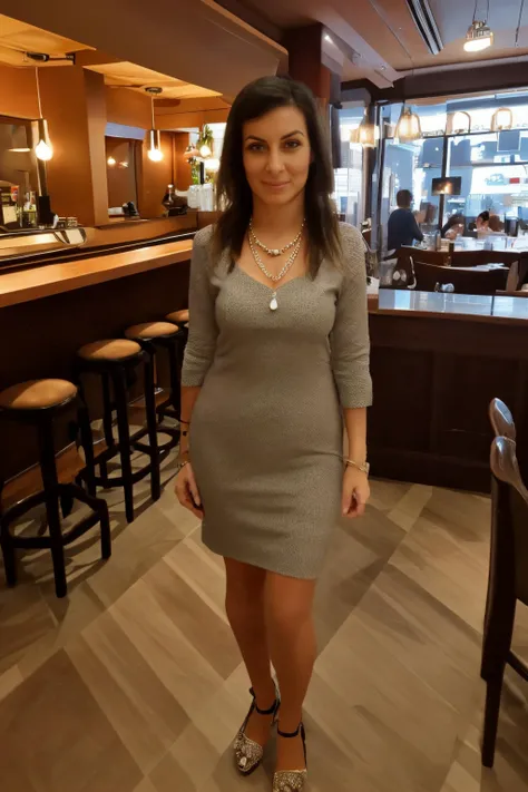 a woman, cocktail dress, looking at viewer, standing, in a fine restaurant, necklace, <lora:Compo:0.8>