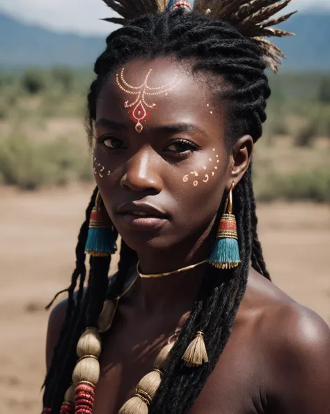 African Tribal village theme, 1girl, ethnic zulu warrior princess, deep black skin, kanzu outfit, traditional voodoo face paint, natural hair, african neck rings, broad african village background, detailed tribal tattoos, wild natural portrait photography, The composition should be bathed in the hot, desertic peak of day, with a gentle depth of field and soft bokeh that capture the ritualistic essence of african tribes. Capture the image as if it were taken on an old-school 35mm film for added charm. film portrait photography, 35mm film, filmg, <lora:AddDetail:0.6>, <lora:FilmG3:0.7>, <lora:LowRA:0.25>