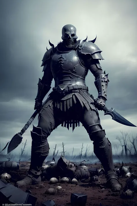 An amazing full body illustration of a (thin but muscular) man wearing edgDeathKnight armor, (holding an GothicPunkAI axe), (charging into battle:1.3), (grim GothicPunkAI full plate armor, gothic print, imprinted skulls:1.25), ((on the battlefield:1.3, muddy, frozen, blizzard, horror, spooky, mystical sky:1.3, fire, detailed cloudscape, outdoors)), intimidating figure, confidence, powerful, best shadow, intricate background, masterpiece, detailed clothes, screaming, textured fabric, (angry face:1.3), (floating debris:1.2), dark shadows, (direct eye contact:1.4), ((action pose, dynamic pose)), sharp focus, cinematic lighting, soft colors, high detail, dark theme, <lora:lowra_v10:0.7>