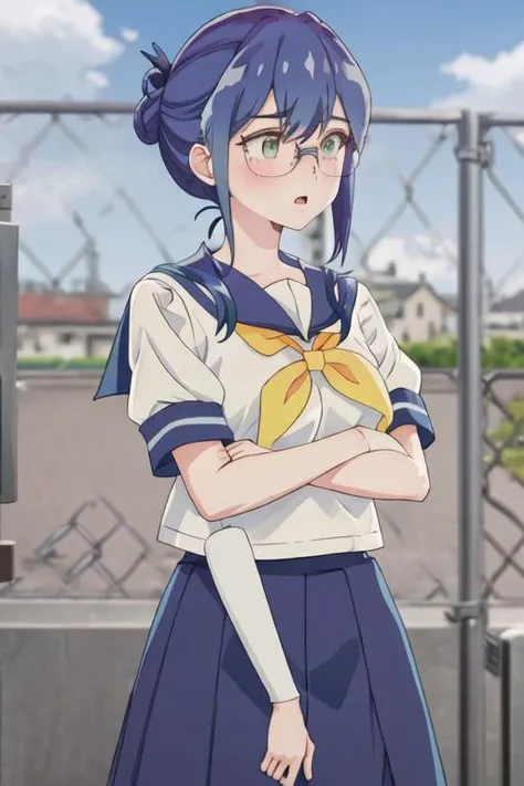 best quality, masterpiece, highres, solo, {mamiya_kanoko_watashinoyuriwaoshigotodesu:1.15}, blue_hair, green_eyes, blush, bangs, closed_mouth, short_hair, purple_hair, 1girl, day, fence, glasses, outdoors, sailor_collar, school_uniform, serafuku, twintails, blue_sailor_collar, chain-link_fence, low_twintails, shirt, sky, white_shirt, long_hair, blue_skirt, short_sleeves, round_eyewear, crossed_arms, hair_between_eyes, looking_to_the_side, open_mouth, skirt