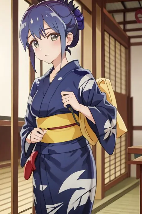 best quality, masterpiece, highres, solo, {yukata:1.40}, {kimono:1.20}, {mamiya_kanoko_watashinoyuriwaoshigotodesu:1.15}, blue_hair, green_eyes, blush, bangs, closed_mouth, short_hair, purple_hair