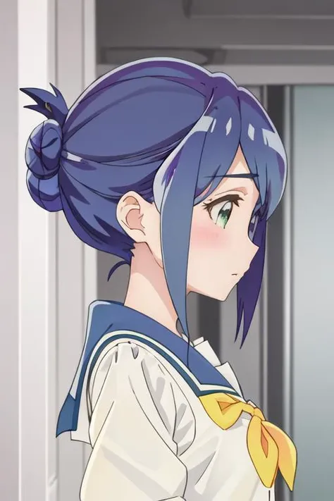 best quality, masterpiece, highres, solo, {mamiya_kanoko_watashinoyuriwaoshigotodesu:1.15}, blue_hair, green_eyes, blush, bangs, closed_mouth, short_hair, purple_hair, 1girl, hair_bun, neckerchief, school_uniform, single_hair_bun, green_shirt, sailor_collar, white_sailor_collar, long_sleeves, profile