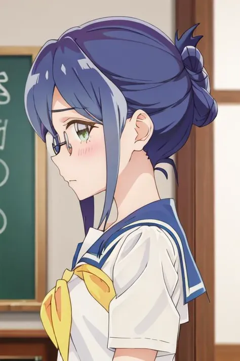 best quality, masterpiece, highres, solo, {mamiya_kanoko_watashinoyuriwaoshigotodesu:1.15}, blue_hair, green_eyes, blush, bangs, closed_mouth, short_hair, purple_hair, 1girl, glasses, low_twintails, profile, sailor_collar, school_uniform, serafuku, shirt, twintails, white_shirt, blue_sailor_collar, from_side, long_hair, neckerchief, upper_body, indoors, red_neckerchief, short_sleeves
