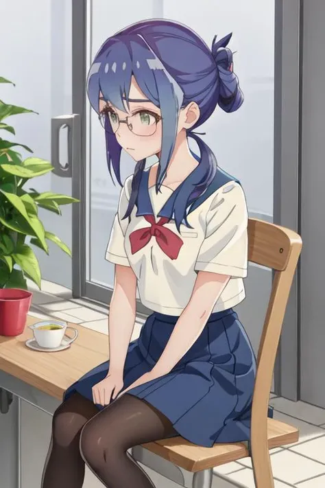 best quality, masterpiece, highres, solo, {mamiya_kanoko_watashinoyuriwaoshigotodesu:1.15}, blue_hair, green_eyes, blush, bangs, closed_mouth, short_hair, purple_hair, 1girl, glasses, school_uniform, serafuku, twintails, sitting, skirt, chopsticks, long_hair, pantyhose, short_sleeves