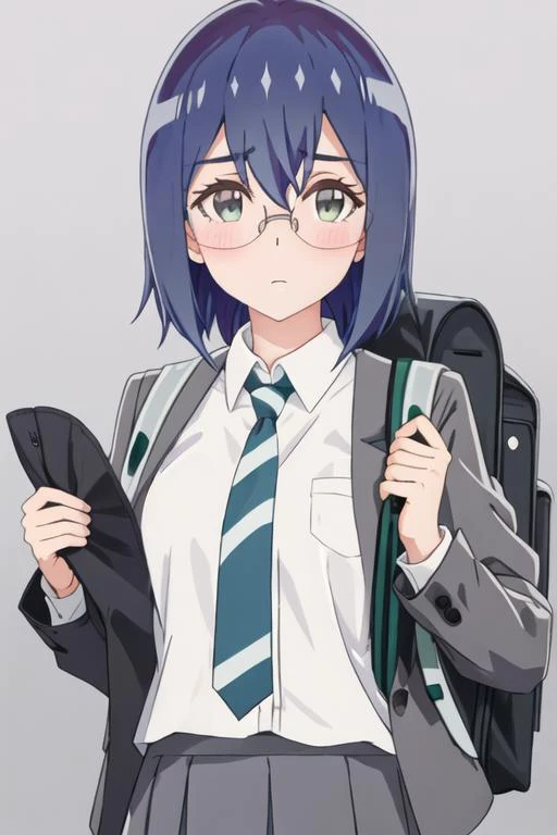 best quality, masterpiece, highres, solo, {mamiya_kanoko_watashinoyuriwaoshigotodesu:1.15}, blue_hair, green_eyes, blush, bangs, closed_mouth, short_hair, purple_hair, 1girl, blazer, collared_shirt, glasses, grey_jacket, jacket, necktie, school_uniform, shirt, striped, striped_necktie, white_shirt, bag, long_sleeves, backpack, diagonal-striped_necktie, hair_between_eyes, holding_strap, looking_at_viewer, grey_background, grey_skirt, pleated_skirt, simple_background, skirt, upper_body