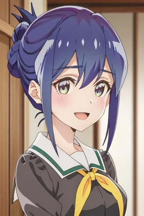 best quality, masterpiece, highres, solo, {mamiya_kanoko_watashinoyuriwaoshigotodesu:1.15}, blue_hair, green_eyes, blush, bangs, closed_mouth, short_hair, purple_hair, 1girl, close-up, hair_between_eyes, looking_at_viewer, open_mouth, portrait, sidelocks, smile, :d, blurry, blurry_background, multicolored_eyes, anime_coloring