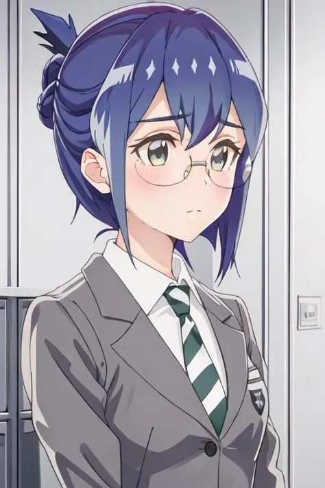 best quality, masterpiece, highres, solo, {mamiya_kanoko_watashinoyuriwaoshigotodesu:1.15}, blue_hair, green_eyes, blush, bangs, closed_mouth, short_hair, purple_hair, 2girls, blazer, collared_shirt, glasses, grey_jacket, indoors, jacket, multiple_girls, necktie, school_uniform, shirt, white_shirt, blonde_hair, blurry, looking_at_another, upper_body, blurry_foreground, striped_necktie, black_necktie, locker, solo_focus, striped