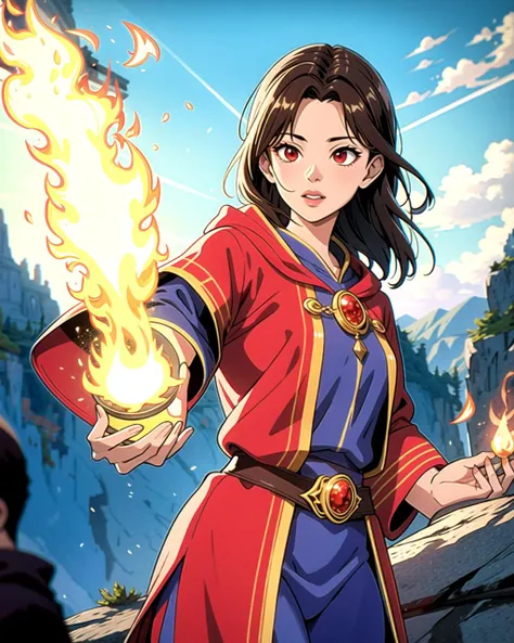 ((masterpiece), best quality, high quality, professional quality, highly detailed, highres, perfect lighting, natural lighting), young wizard, wearing elegant clothing, casting a fire spell, on a cliff