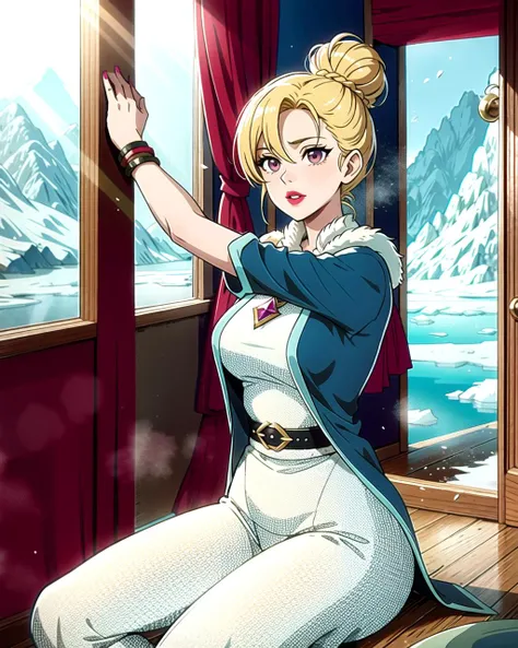 ((masterpiece), best quality, high quality, professional quality, highly detailed, highres, perfect lighting, natural lighting), Warrior, Emperor, Short, Fit, Triangular Face, Olive Skin, Chestnut Hair, silver Eyes, Wide Nose, Thin Lips, Prominent Chin, Imperial, Crew Cut, Quiff, A frozen tundra, with icy peaks and frozen lakes stretching as far as the eye can see,eldritch, Mystical figure with arcane powers, Dark Skin, Blonde with a fishtail braid and a messy bun, fuchsia stain lipstick, A shattered door revealing a dark room filled with unknown horrors
