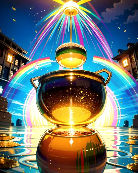 ((masterpiece), best quality, high quality, professional quality, highly detailed, highres, perfect lighting, natural lighting), leprechaun, hopping, on rainbow, holding pot of gold