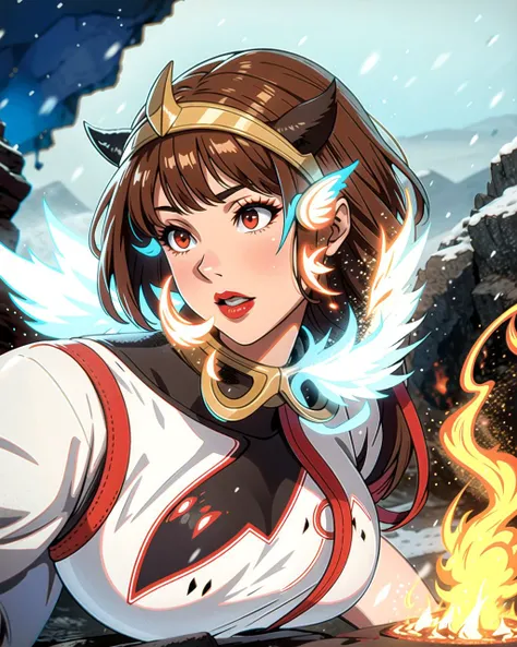 ((masterpiece), best quality, high quality, professional quality, highly detailed, highres, perfect lighting, natural lighting), levitating, sentient android, A volcanic planet with constant eruptions and rivers of lava, providing abundant geothermal energy for its inhabitants., Alien Jungle, hippogriff, chimera,portrait, eldritch, mysterious mothman, Fair Skin, Brunette with long layers and side-swept bangs, orange satin lipstick, with a snow-covered landscape in the background