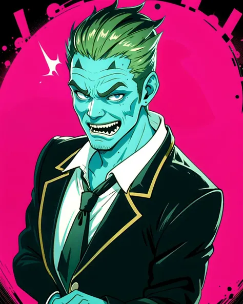 naughty man,zombie with scars on his face,with white eyes and black hair with dark circles under his eyes and a beautiful appearance besides being in a suit