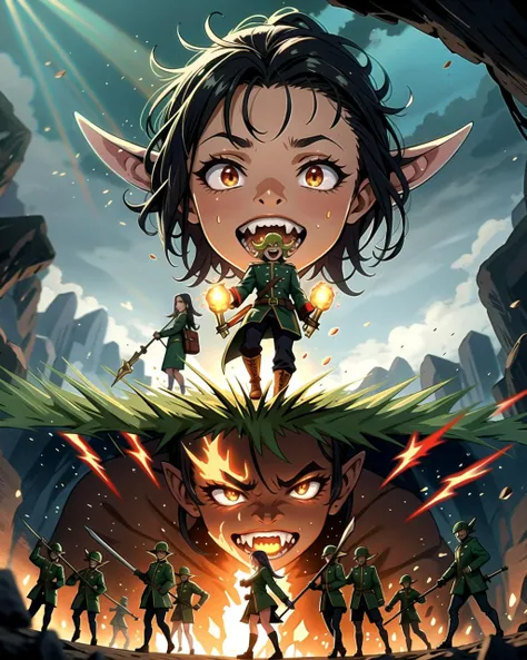 ((masterpiece), best quality, high quality, professional quality, highly detailed, highres, perfect lighting, natural lighting), goblin army, marching, dark cave, weapons drawn, ugly faces, long fangs, wearing ragged clothing, gross, disgusting