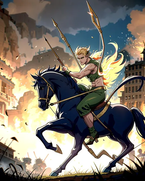 ((masterpiece), best quality, high quality, professional quality, highly detailed, highres, perfect lighting, natural lighting), male centaur, charging, bow and arrow drawn, in battle against goblins