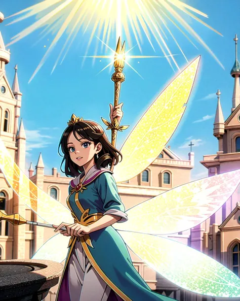 ((masterpiece), best quality, high quality, professional quality, highly detailed, highres, perfect lighting, natural lighting), beautiful, fairy godmother, waving wand, granting a wish, making dreams come true